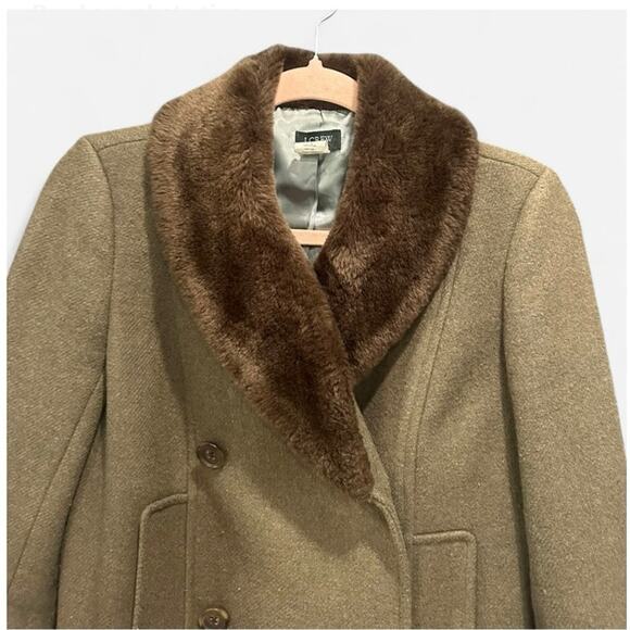 J.Crew Early 2000s Green Wool Tweed Pea Coat Faux Fur Collar Rare Heritage 0 - Picture 5 of 11